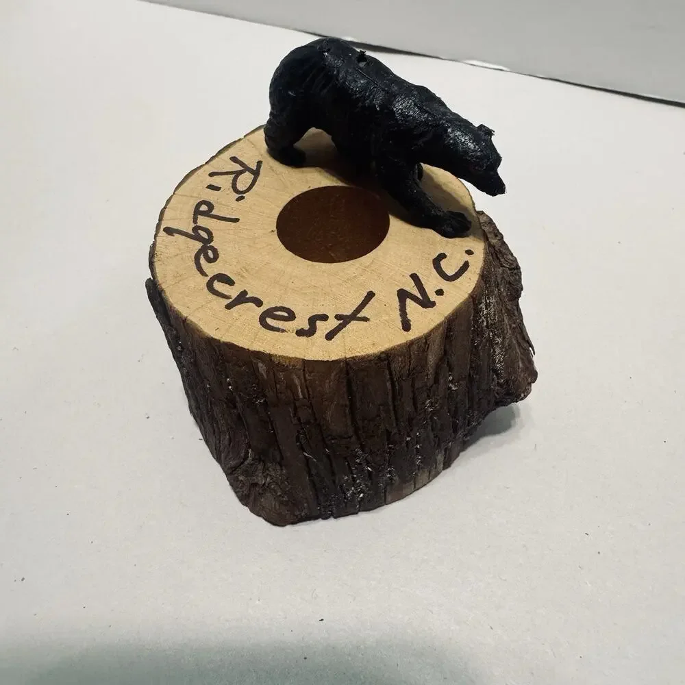 Ridgecrest Mountains NC Black Bear Figurine Folk Art Decor Souvenir Wood Log